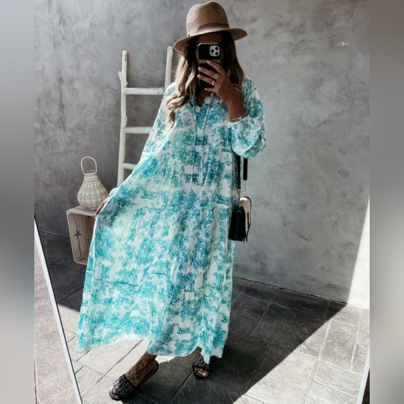 Boho Jungle Modest Ruffle Tie Mock Neck Long Sleeve Tiered Oversized Maxi Dress - Picture 8 of 10
